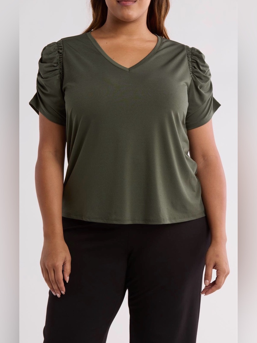 NEW…T Tahari V-Neck Ruched Sleeve Top